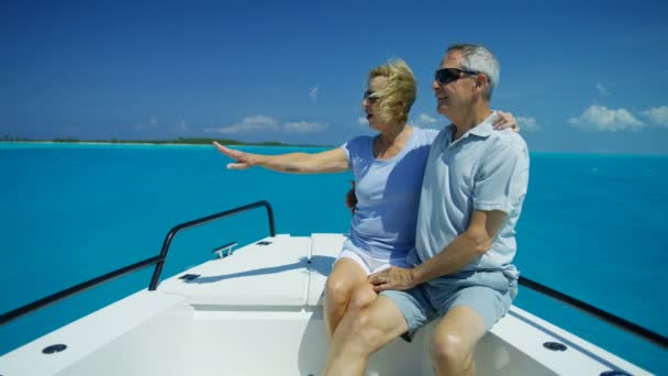 爱快乐的老年美国夫妇驾驶着退休游艇 — 图库视频影像