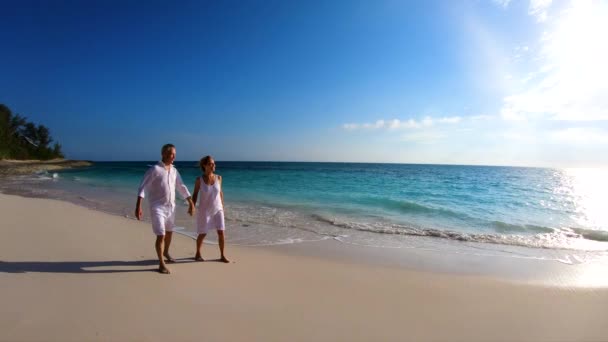 ビーチでの休暇に歩くシニアカップルを愛するバハマ — ストック動画