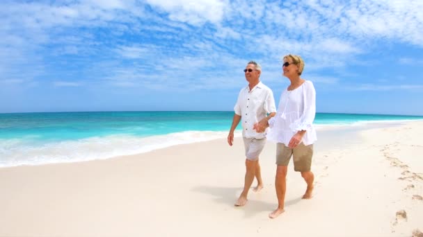 Erkek ve kadın yaşlılar plajda yürüyor. — Stok video