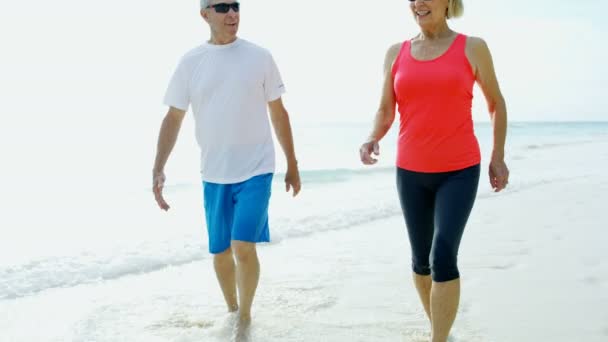 Emekli adam ve kadın sahilde yürüyorlar. — Stok video