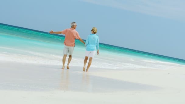 Manliga och kvinnliga seniorer går på stranden Bahamas — Stockvideo