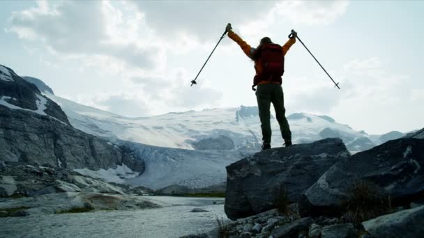 Escursionista Giovane Femmina Caucasica Sensazione Fiducioso Visualizzazione Paesaggio Panoramico Remote — Video Stock
