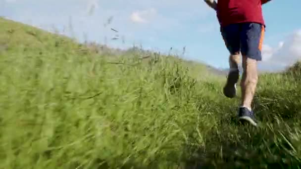 健康的白人运动员小径跑步者慢跑爬山引人注目的国家公园福克兰南岛新西兰 — 图库视频影像