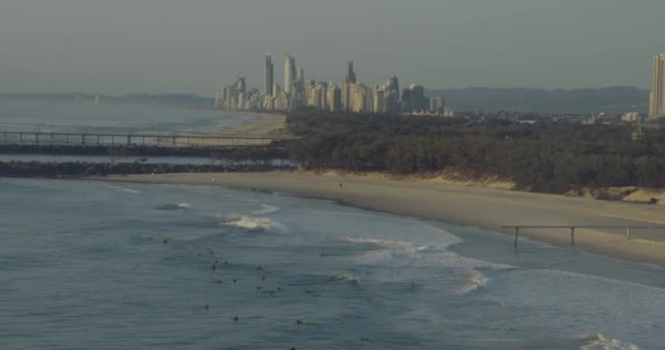 Flygfoto Surfare vid soluppgång Guldkusten Queensland — Stockvideo