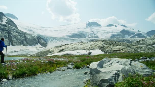 Aktif Insanlar Aşırı Yüksek Dağlık Arazide Yürüyüş Yapıyor Buz Dağının — Stok video