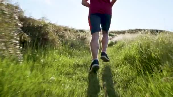 Athletic Kaukasiska Manliga Spår Löpare Utbildning Kör Utomhus Naturen Sol — Stockvideo