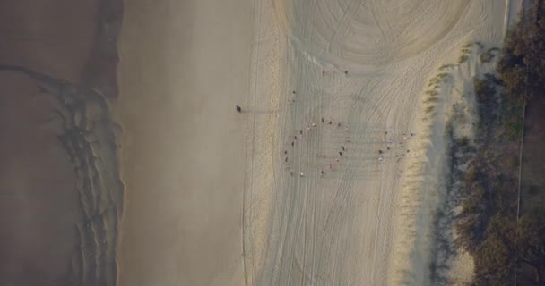 Aérea vista aérea nascer do sol pessoas praia ioga Queensland — Vídeo de Stock