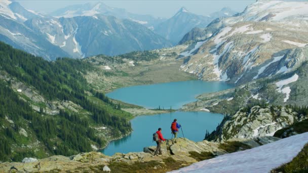 若い冒険的な男性の女性ヘリハイカー夏の氷河の山の湖を見る白人観光客カナダ ブリティッシュコロンビア — ストック動画
