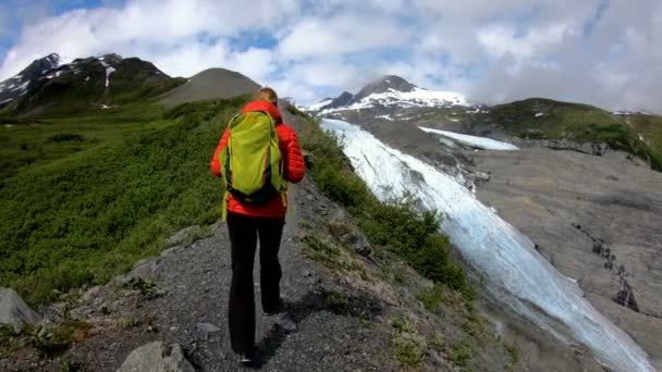 Pov Hiker Confident Female Caucasian Woman Walking Summer Mountain Ice — Stock Video