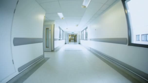 Largo ângulo brilhante corredores vazio hospital moderno — Vídeo de Stock