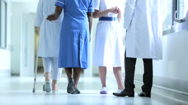 Medisch personeel bijstaan senior vrouwelijke ziekenhuis patiënt — Stockvideo