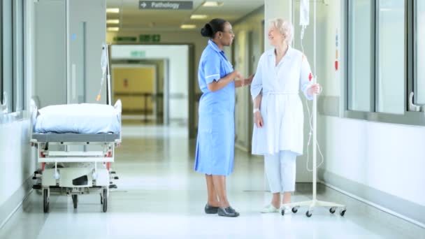 Pielęgniarki i pacjenta mówi w korytarzu — Wideo stockowe