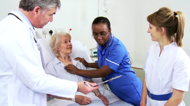 Персонал многонациональной больницы лечит пожилых пациентов — стоковое видео