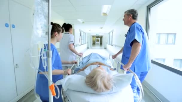 Personal de enfermería de cámara lenta que empuja el hospital de la cama del paciente — Vídeos de Stock