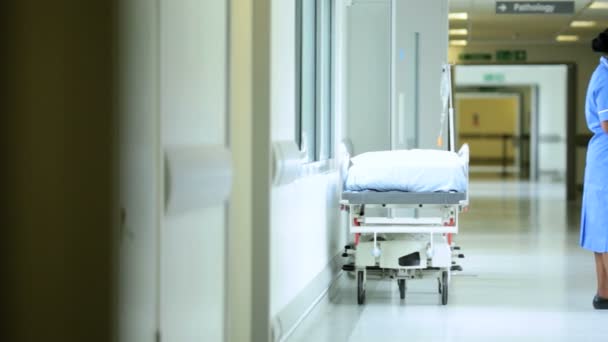 Sjuksköterska och patient prata i korridoren — Stockvideo