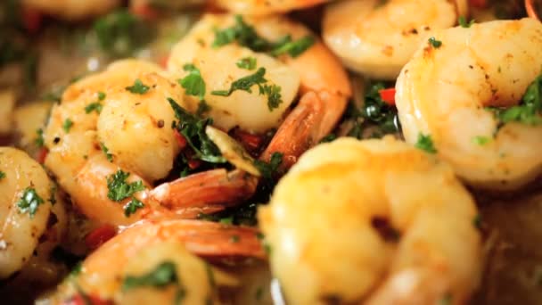 Vaření zdravé čerstvé mořské plody, krevety s bylinkami — Stock video