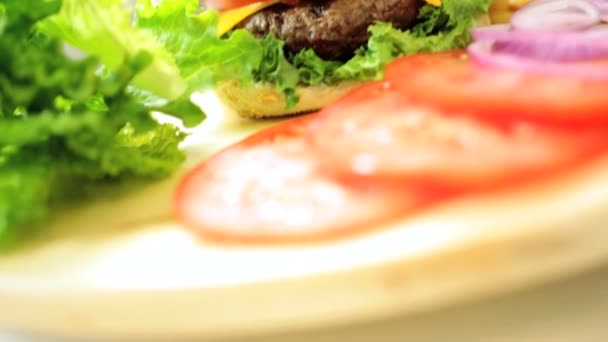 Verführerisch frische klassische Burger und Pommes — Stockvideo