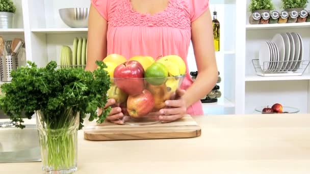 Portrait Healthy Caucasian Girl Bowl Fresh Fruit — Stock Video