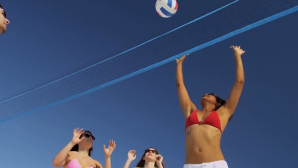 Друзья из колледжа играют в волейбол на пляже — стоковое видео