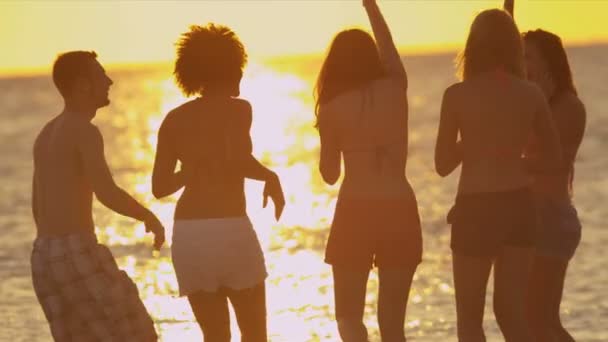 Молодые люди веселятся на пляже — стоковое видео
