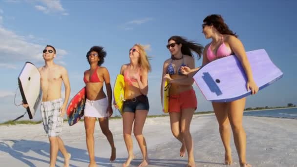 Nastolatków przewożących desek na plaży — Wideo stockowe