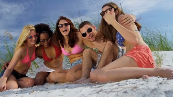 Друзья веселятся на пляже — стоковое видео