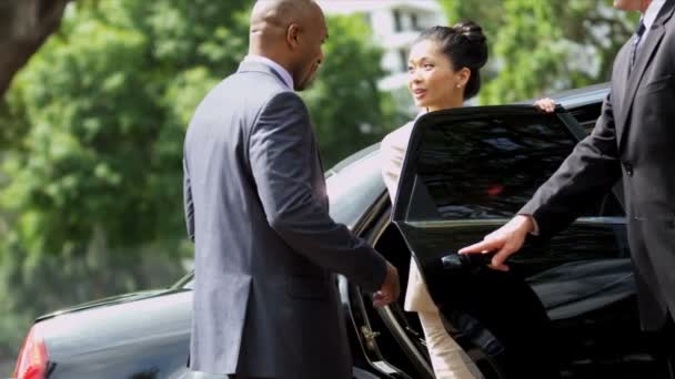 Business consultants getting into limousine — Stock Video