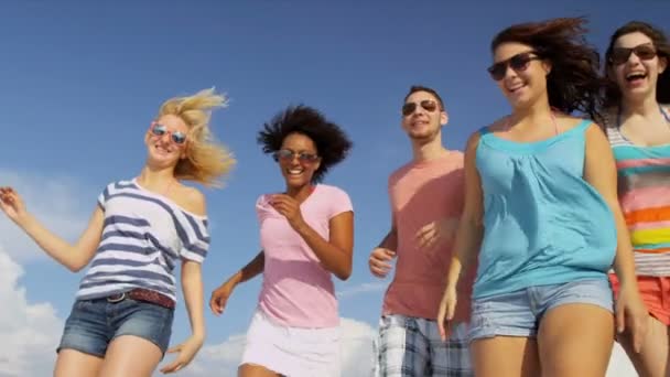 Подростки вместе веселятся на пляже — стоковое видео