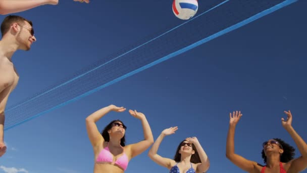 College friends playing volleyball on beach — Stock Video