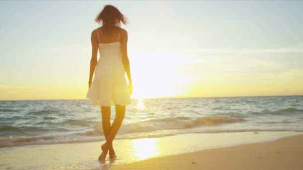 Gyönyörű lány szerető szigeti életmódot, naplemente — Stock videók