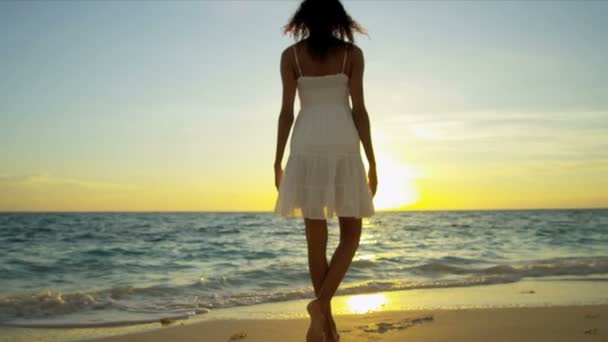 Латиноамериканського дівчина, спостерігаючи Схід сонця в океані — стокове відео