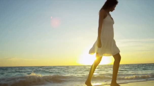 Fille portant blanc marchant à Island Beach au lever du soleil — Video