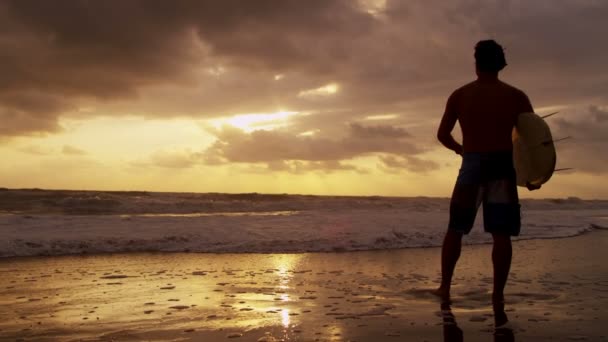 Surfista en la playa viendo olas — Vídeos de Stock