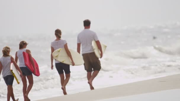 Familia caminando por la playa de arena — Vídeo de stock