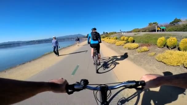 Par ridning cykeln på lakeside — Stockvideo