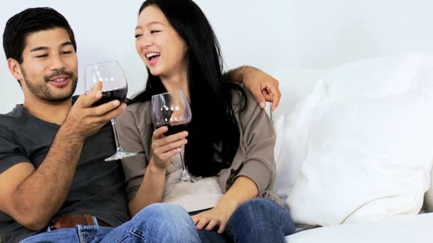 Pareja en sofá bebiendo vino — Vídeos de Stock