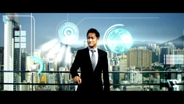 3D touch screen Asian businessman streaming Hong Kong app motion graphics — Stock Video