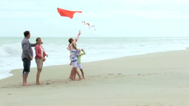 Familia con cometa en la playa — Vídeo de stock