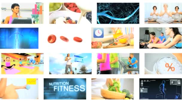 CG montagem da parede Caucasiano Hispânico saudável nutrição estilo de vida movimento gráficos — Vídeo de Stock
