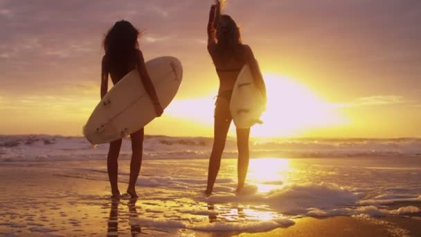 Dziewcząt gospodarstwa deski surfingowe na plaży — Wideo stockowe