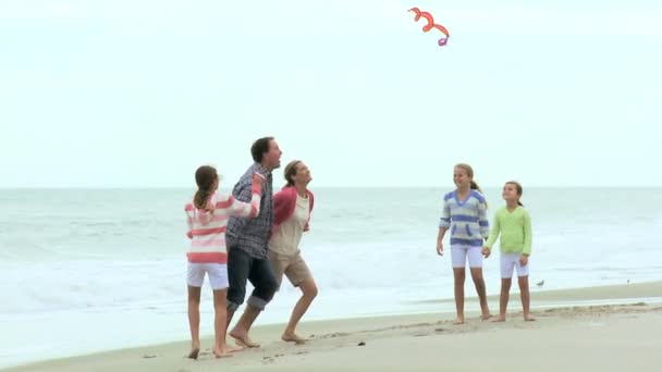 Familia con cometa en la playa — Vídeos de Stock