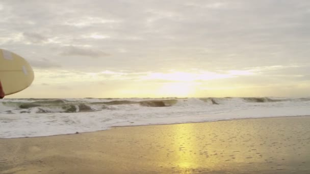 Dziewcząt gospodarstwa deski surfingowe na plaży — Wideo stockowe