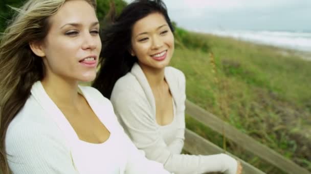 Mujeres disfrutando del aire fresco en la playa — Vídeos de Stock