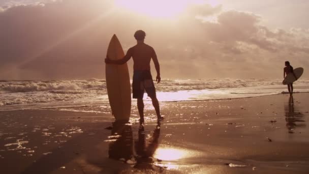 Surfers, κρατώντας ιστιοσανίδες και βλέποντας τα κύματα — Αρχείο Βίντεο