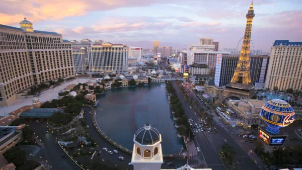 Sunset Bellagio fountains city Las Vegas Strip — Stock Video