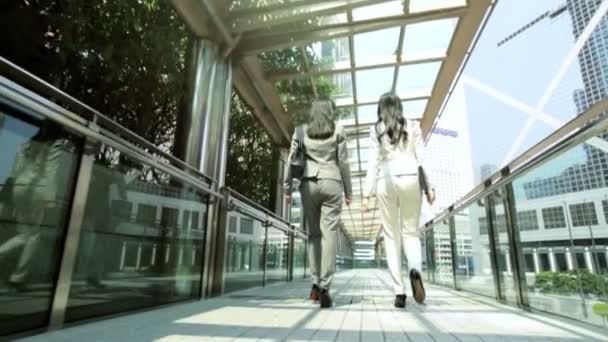 Предпринимательницы, гуляющие возле офисных зданий — стоковое видео