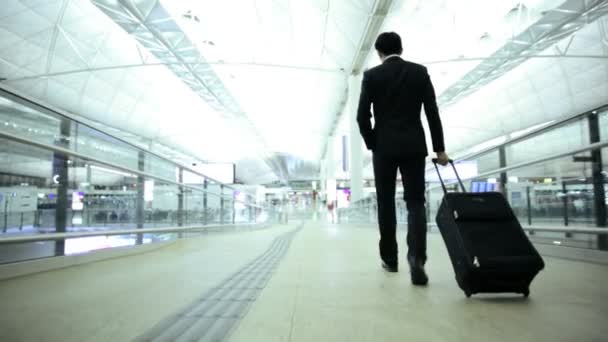 Uomo d'affari a piedi con bagagli in aeroporto — Video Stock