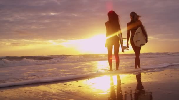 Girls hålla surfbrädor på stranden — Stockvideo