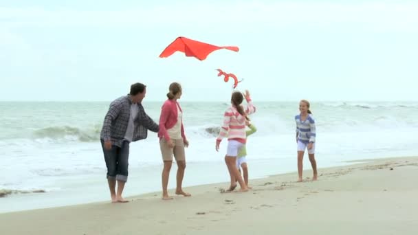 Familia con cometa en la playa — Vídeo de stock