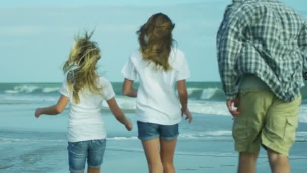 Vater mit Töchtern spielt am Strand — Stockvideo